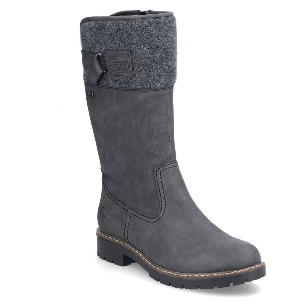 Rieker grey tall waterproof winter boot featuring a wool felt collar, decorative buckle strap, and lug sole. Style #Y9190-45