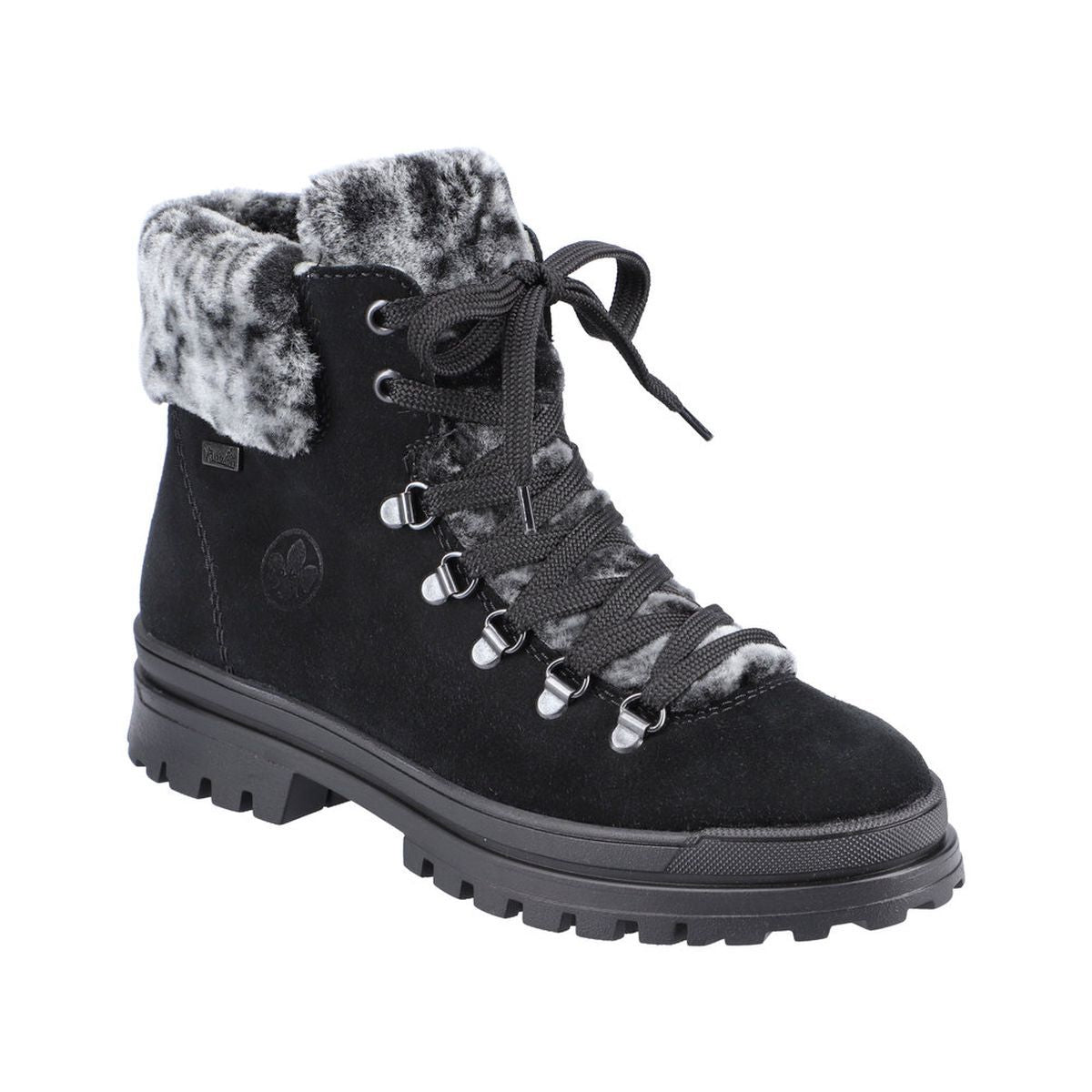Women's black suede ankle boot with cozy fleece lining, removable insole, and flip-out ice grip on the sole for added traction in icy winter weather. Style #Z5420-00: