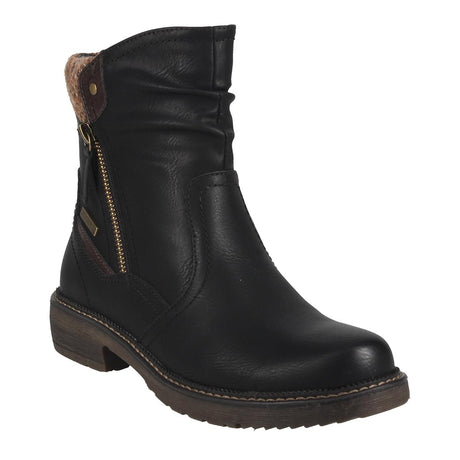 Romika Eleanor 02 Women’s Black Zip Boots with wool cuff trim, accent zipper, waterproof membrane, plush lining, removable insole, and TR outsole.