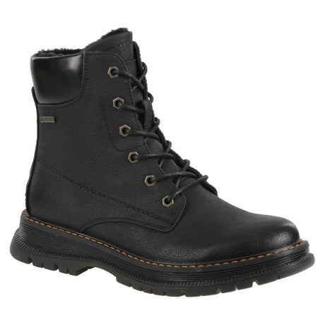 Romika Peyton 01-7695212100 black waterproof combat boot with laces, a cozy lining, and a rugged black sole.