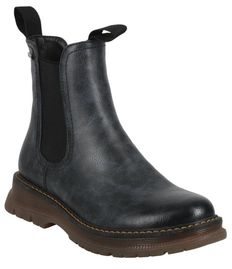 Romika Peyton 05 women's cobalt blue Chelsea-style boot with a distressed finish and tan lug sole. 769525-500.