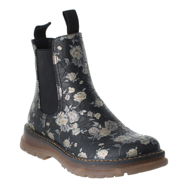 Romika Peyton 05 women's black multi floral waterproof ankle boot with a side zipper. Product ID: 769525-101.
