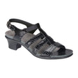 Black croc-textured leather slide sandal with elastic back strap, low 1.75″ heel, and cushioned footbed designed for arch support and all-day comfort. Style #2360-181