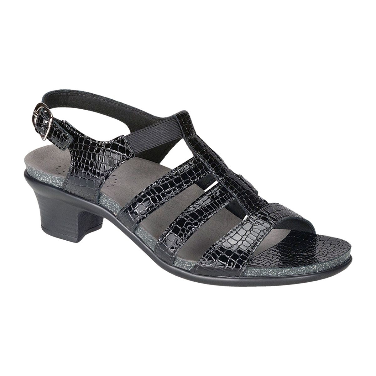 Black croc-textured leather slide sandal with elastic back strap, low 1.75″ heel, and cushioned footbed designed for arch support and all-day comfort. Style #2360-181