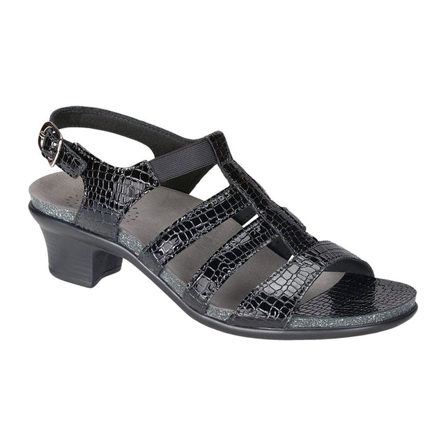 Black croc-textured leather slide sandal with elastic back strap, low 1.75″ heel, and cushioned footbed designed for arch support and all-day comfort. Style #2360-181