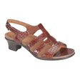 Cognac croc-textured leather sandal with elastic back strap, 1.75″ heel, and cushioned microfiber-lined footbed for arch support and stability. Style #2360-246