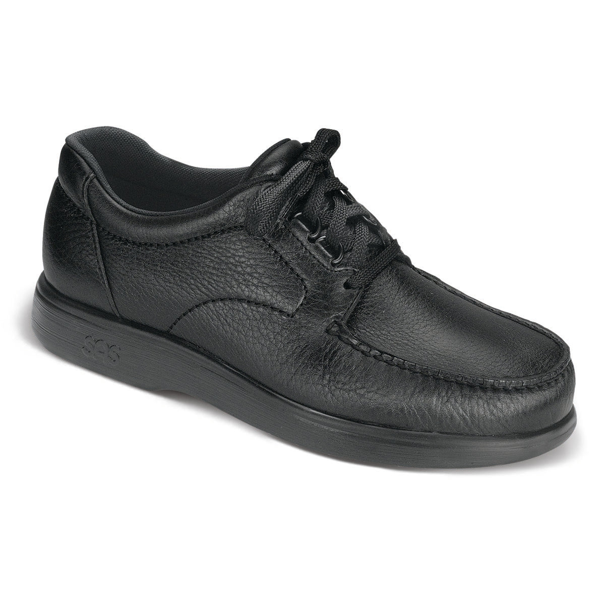 Black leather handsewn moccasin with a sleek, low-profile design, cushioned removable footbed, shock-absorbing sole, and EZ Lace system for a custom fit. Style #1520-013