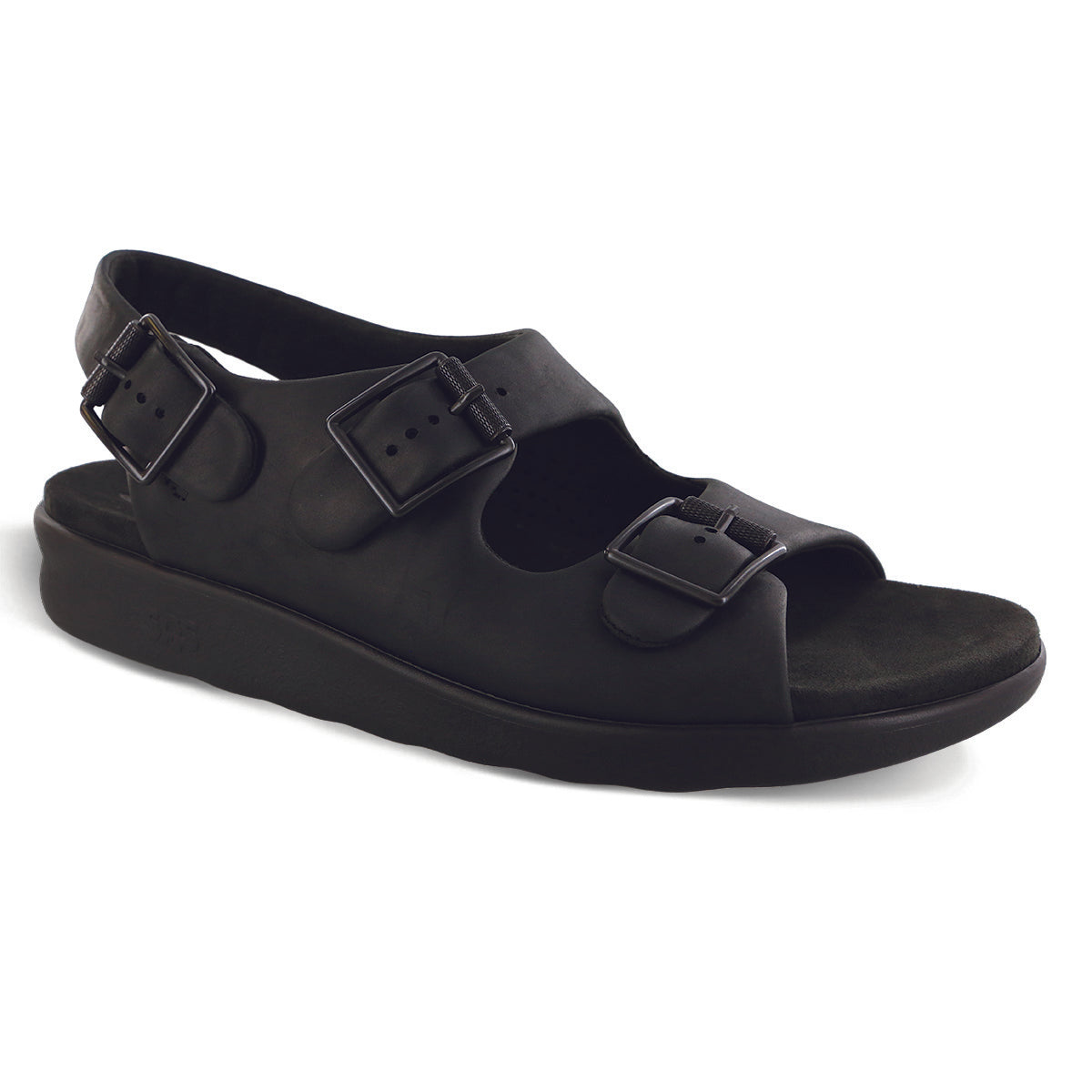 Black leather women’s sandal with three adjustable buckle straps, contoured microfiber-wrapped insole, and low 1-inch heel for stylish comfort. Style #1820-887