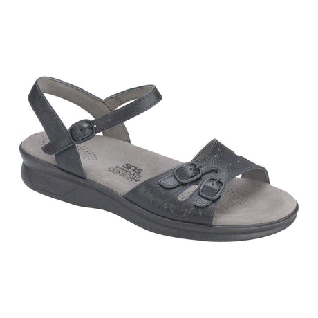 Women’s quarter strap sandal in black leather with three adjustable buckles, cushioned insole, shock-absorbing sole, and low 1.375-inch heel for all-day wear. Style #0087-020