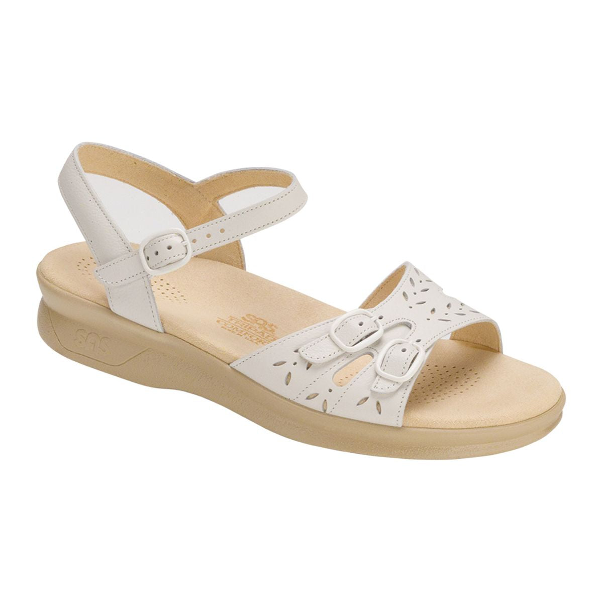 SAS Duo Women’s Quarter Strap Sandal in smooth leather, featuring three adjustable straps with metal buckles, cushioned insole, and a supportive low heel, designed for comfort and everyday wear. Style #0087-001