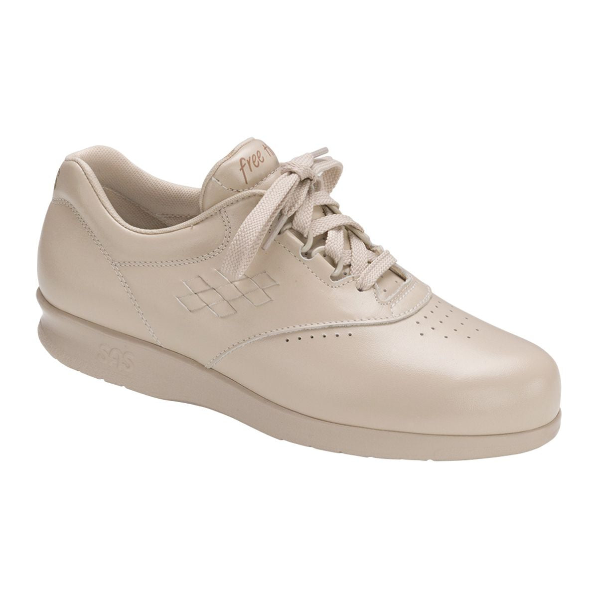 Light beige SAS Free Time women’s walking shoe with lace-up design, cushioned sole, and soft fabric lining, side view showing ergonomic shape and flexible outsole. Style #0083-002