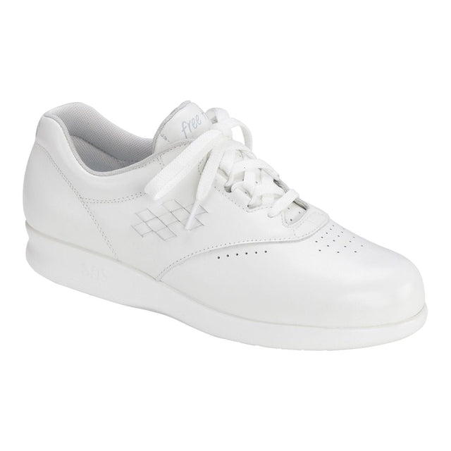 White SAS Free Time women’s walking shoe with lace-up closure, cushioned sole, breathable upper, and ergonomic design, side profile showing comfort features. Style #0083-049