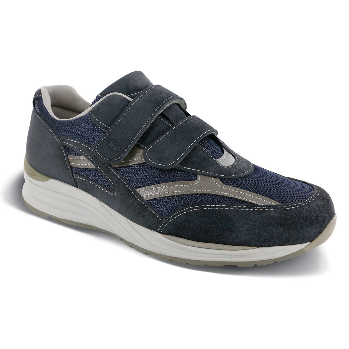 SAS JV Mesh men’s athletic sneaker in blue with breathable mesh upper, removable cushioned footbed, EZ lace system, and flexible non-marking sole. Style # 1570-891