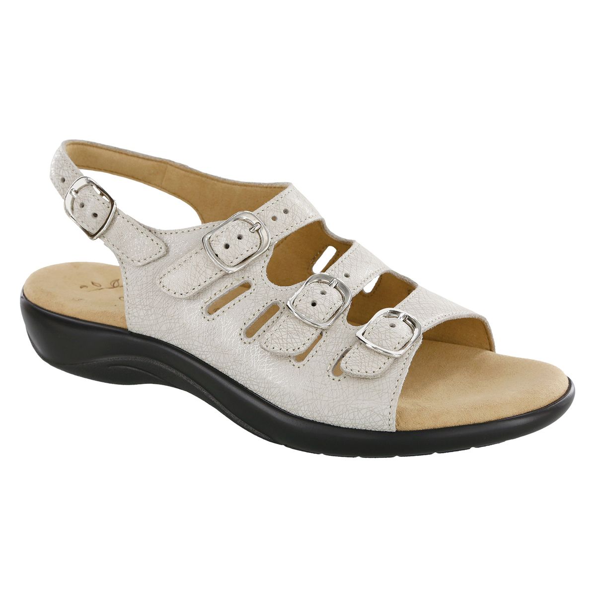 SAS Mystic women’s slingback sandal featuring four adjustable buckles, cushioned microfiber insole, and a shock-absorbing sole with a 1.375-inch heel. Style #3110-545