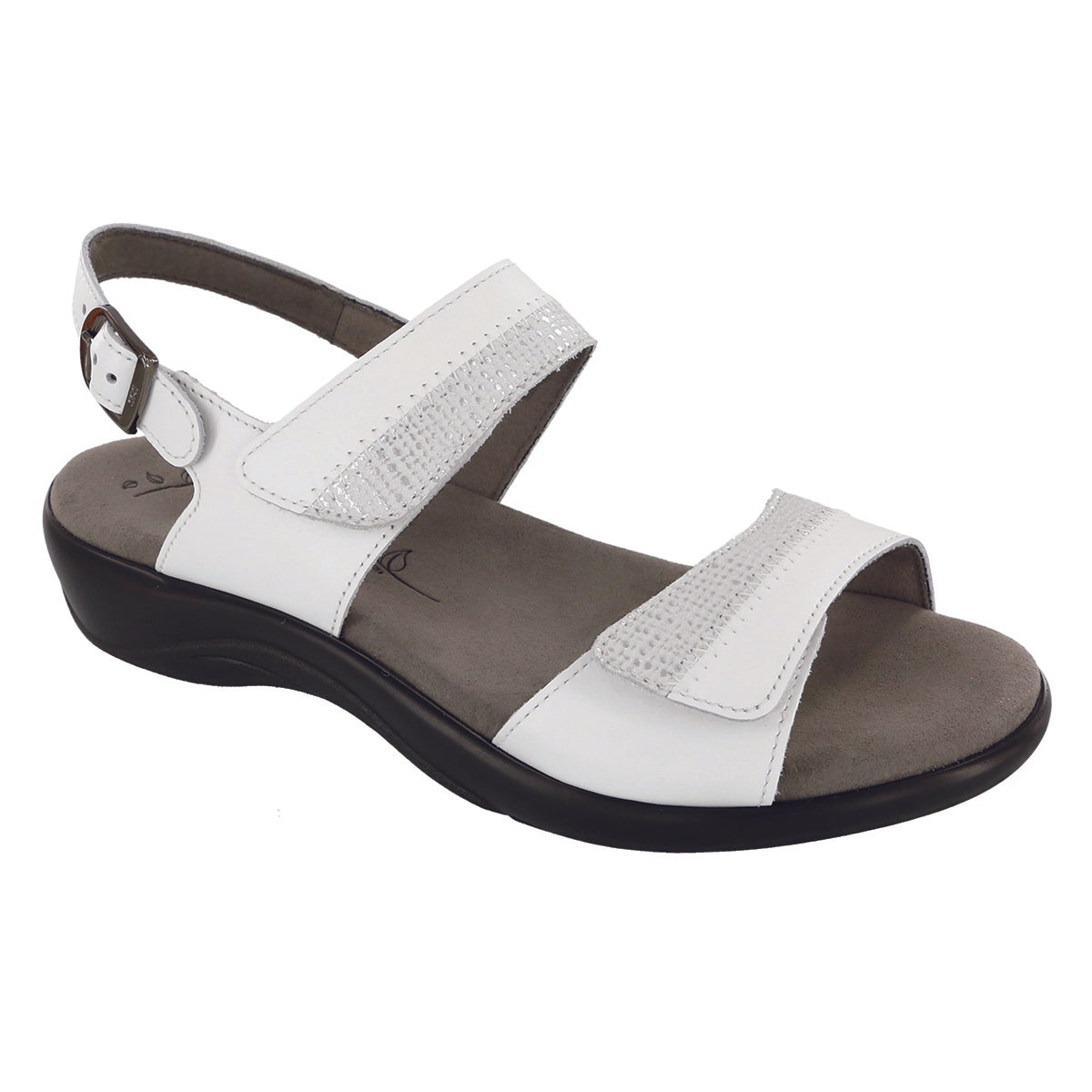 SAS Nudu women’s heel strap sandal in white with two-toned leather, decorative stitching, plush microfiber-lined insole, adjustable straps, and 1.375-inch heel. Style #2510-011