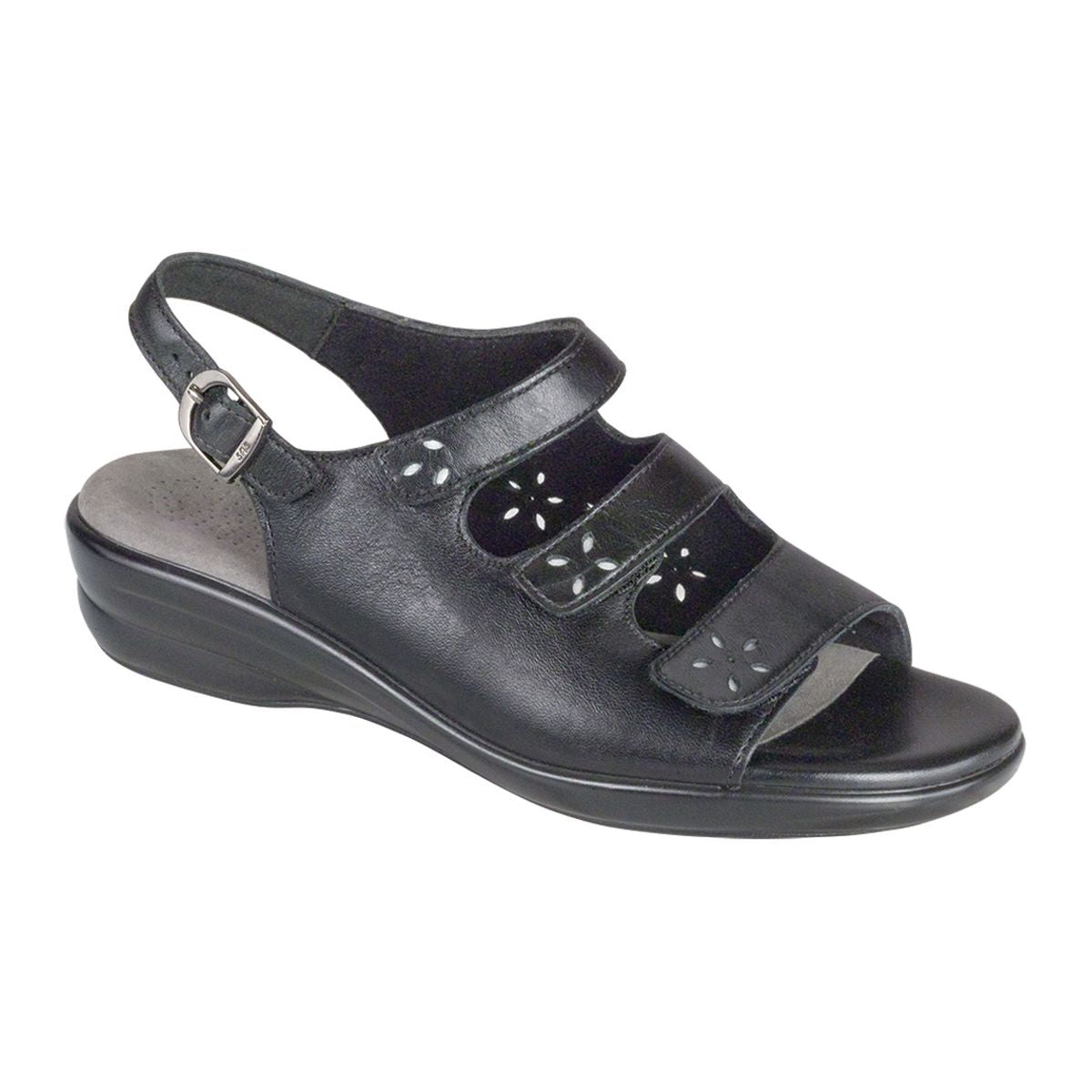 SAS Quatro women’s slingback sandal in black with four adjustable straps, secure ankle buckle, broad contoured insole, and a 1.375-inch heel for stylish comfort. Style #21700-13