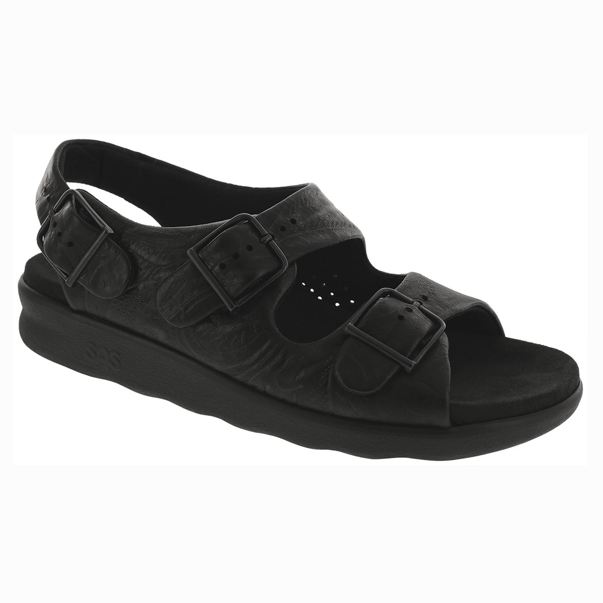 SAS Relaxed women’s heel strap sandal in black with thick cushioned leather straps, adjustable closures, and a 1.125-inch heel for classic, versatile summer style. Style #1760-013