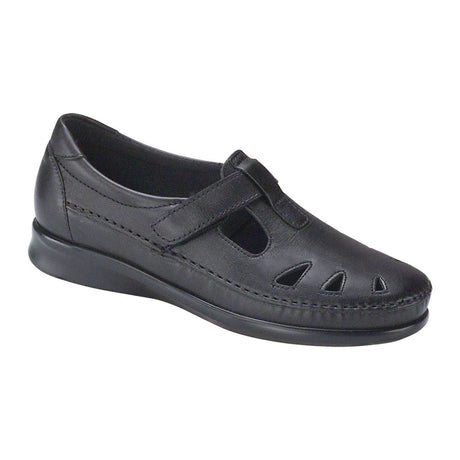 SAS Roamer women’s slip-on loafer in black leather with an adjustable strap, stylish cutout details, and a removable cushioned footbed on a 1.125-inch heel. Style #2190-013