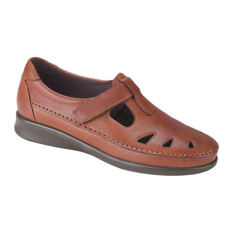 SAS Roamer women’s slip-on loafer in chestnut leather with an adjustable strap, stylish cutout details, and a removable cushioned footbed on a 1.125-inch heel. Style #2190-15