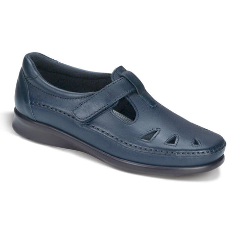 SAS Roamer women’s navy leather slip-on loafer with adjustable strap, cutout details, removable cushioned footbed, and 1.125-inch heel.
 Style  #2190-011
