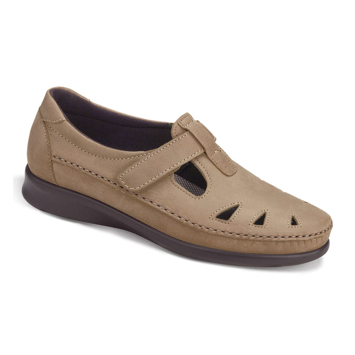 SAS Roamer women’s sage leather slip-on loafer with adjustable strap, cutout details, removable cushioned footbed, and 1.125-inch heel. Style #2190-228