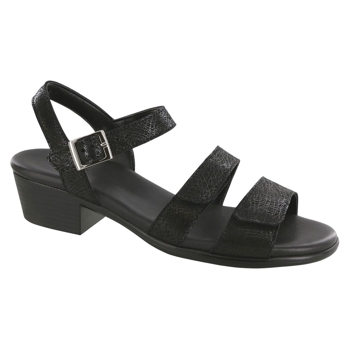 SAS Savanna women’s black leather heel strap sandal with adjustable buckle, contoured padded insole, antimicrobial lining, and rubber outsole.
Style #3707-544