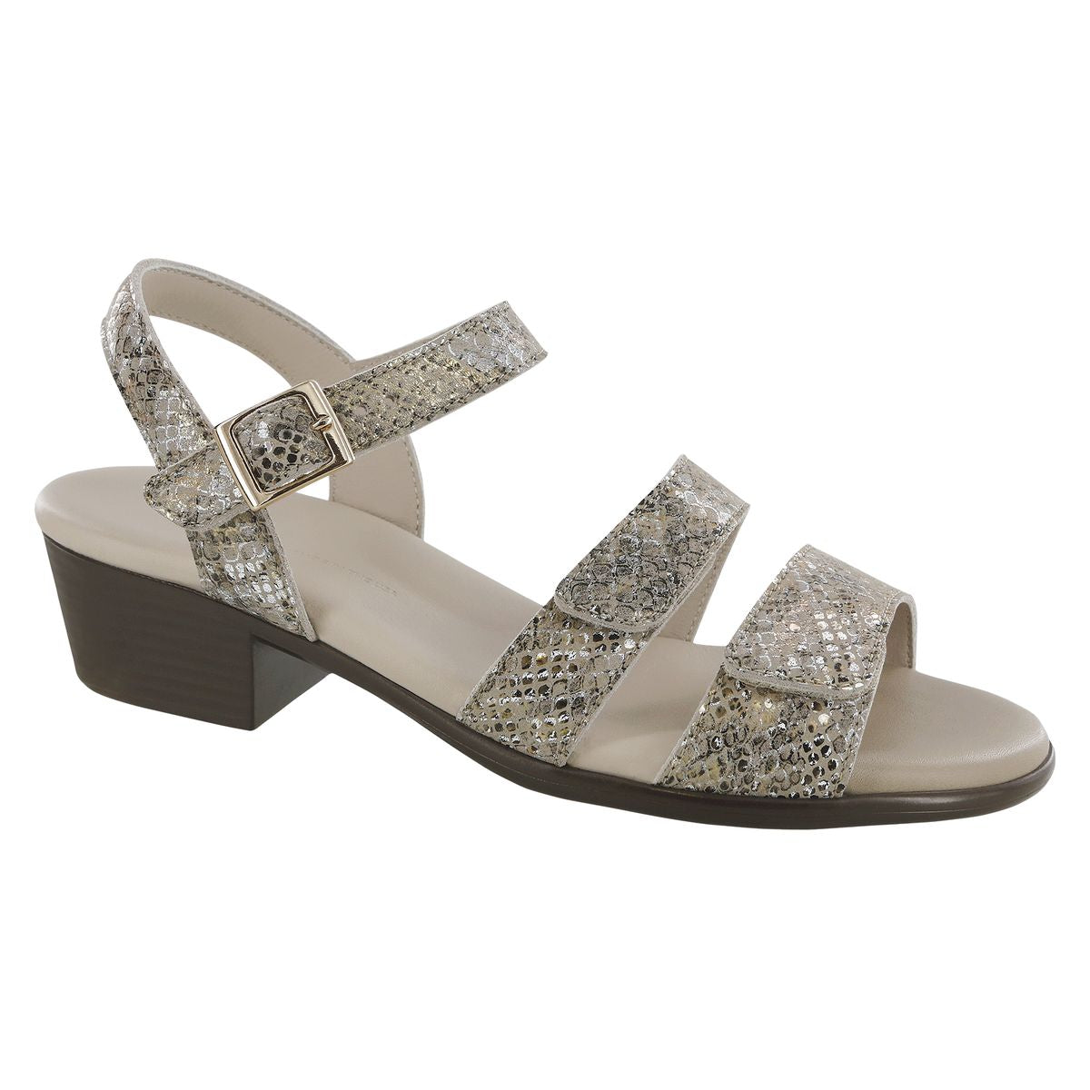 SAS Savanna women’s multi gold leather heel strap sandal with adjustable buckle, contoured padded insole, antimicrobial lining, and rubber outsole.
Style #3707697