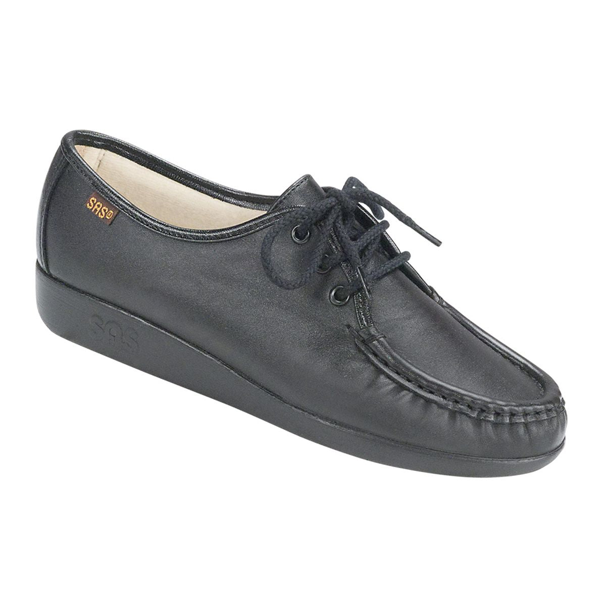 SAS Siesta women’s black leather lace-up moccasin loafer with cushioned lining, padded arch, soft heel, and 1.125-inch lift.
Style #0038-020