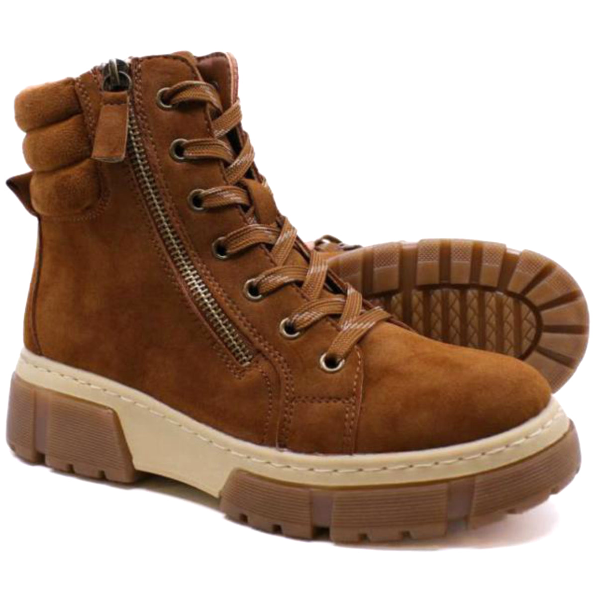 Women’s cognac suede lace-up ankle boot with a side zipper, padded collar, and thick beige lug sole. Style #F7122.