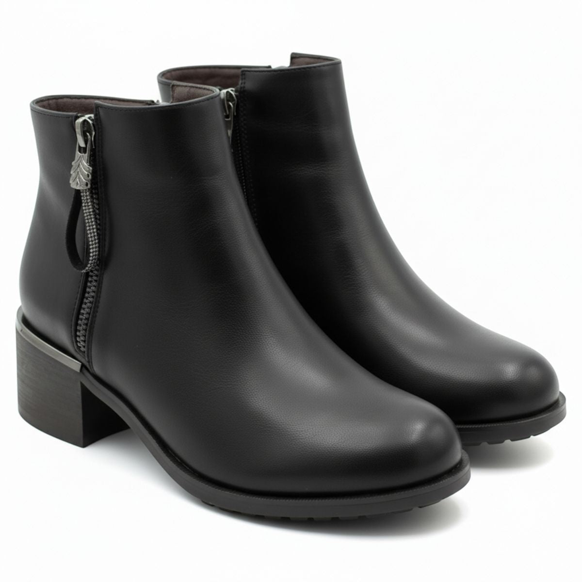 Black leather ankle boot with double side zippers, a block heel, and a durable outsole. Style #F8152 BLK