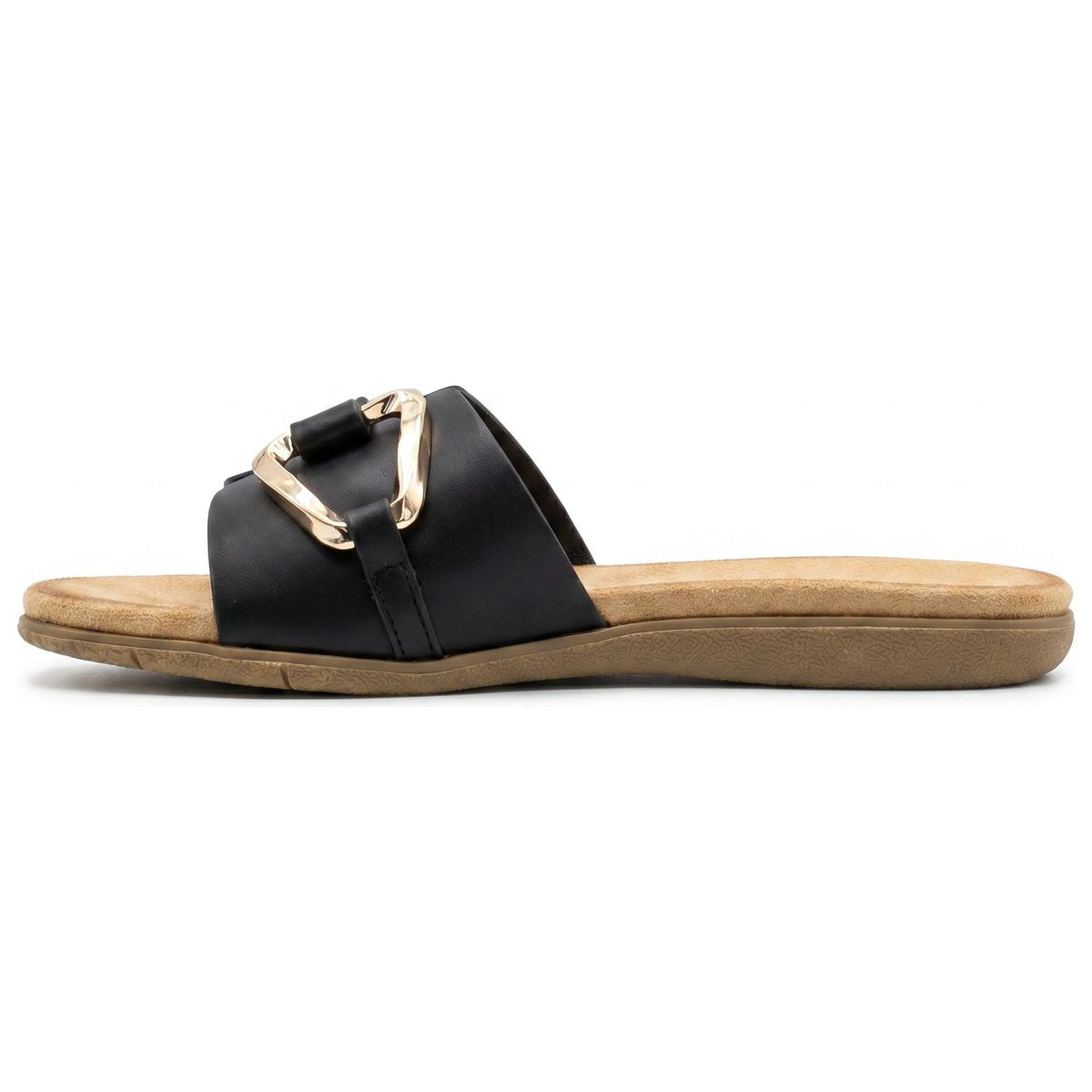 Stefania Italy S8374 Women's Black Slide Sandal with Gold Buckle