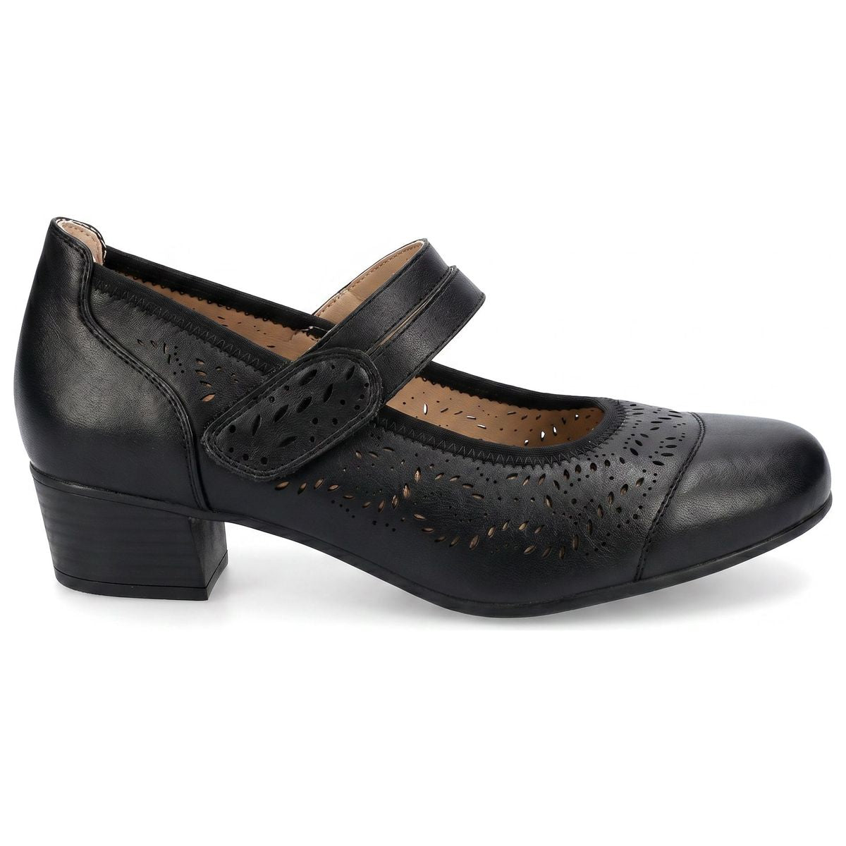 Women’s black leather Mary Jane pump featuring a supportive strap with a subtle buckle and a sturdy block heel. Style #S8533.