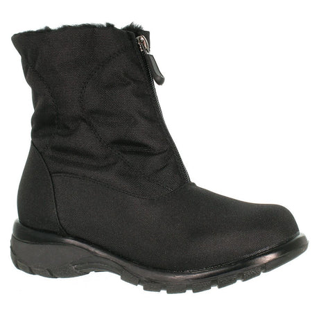 Toe Warmers Alyssa Black waterproof  Nylon women’s winter boot with front zipper. Features extra depth and wide fittings for hard to fit feet.