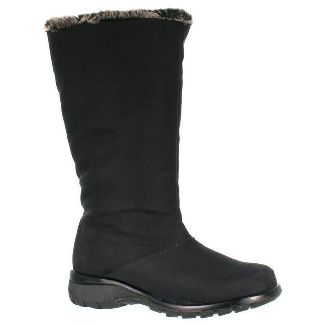 Toe Warmers T10972-B20 A tall black boot with a synthetic upper and a faux fur collar, featuring a short wedge heel