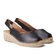 Women’s black leather wedge espadrille featuring a peep toe, jute-wrapped wedge platform, and elastic slingback strap for elegant summer wear. Style #P1231