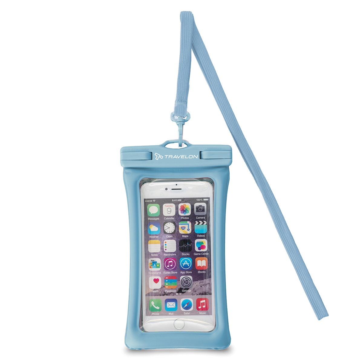 Blue Travelon waterproof pouch with a clear window showing an iPhone. A blue lanyard strap hangs from the top clip. 13600-330