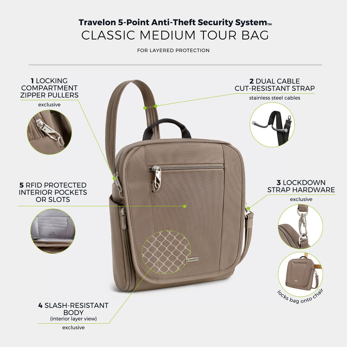 Travelon Unisex Anti-Theft Classic Tour Bag in Hazelnut