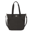 Black Travelon Anti-Theft Convertible Backpack Tote with top handles and a removable shoulder strap, featuring front and side pockets. Product code: 43490-500.