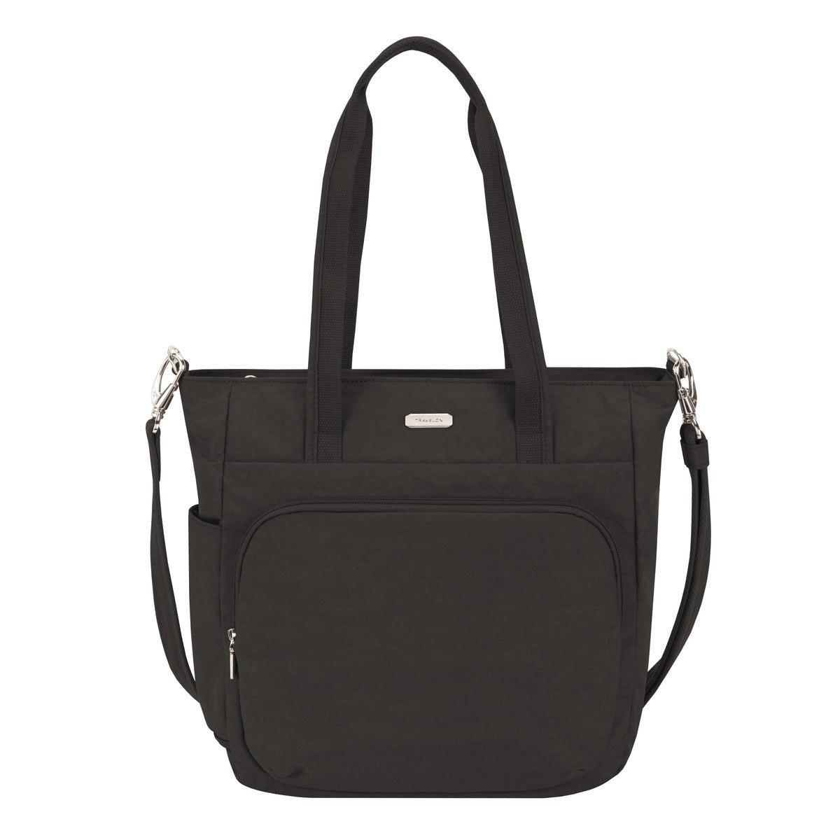 Black Travelon Anti-Theft Convertible Backpack Tote with top handles and a removable shoulder strap, featuring front and side pockets. Product code: 43490-500.