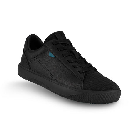 All-black Vessi women's Soho sneaker with a small teal tag on the side, F1019W-BK