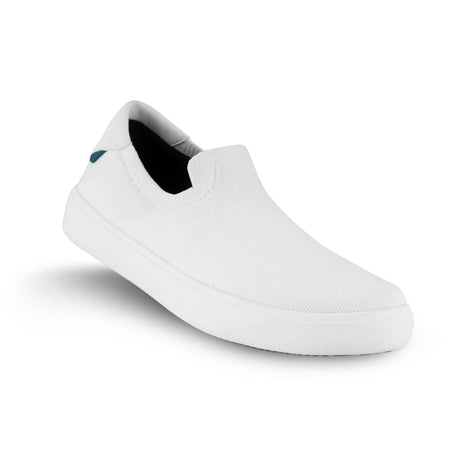 White Vessi waterproof slip-on sneaker with a knit upper and a thick white sole, SHBWSWW