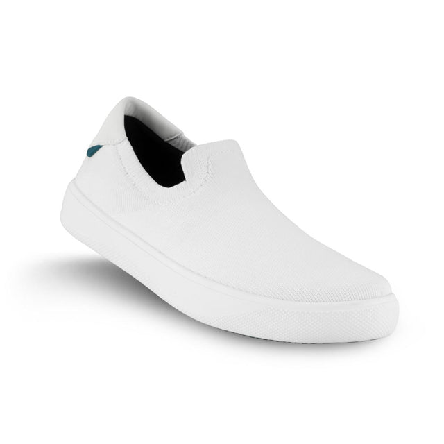 White Vessi waterproof slip-on sneaker with a knit upper and a thick white sole, SHBWSWW