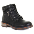 Black vegan ankle boot with lace-up front, outer decorative zipper, sweater-knit collar, and fleece lining. Waterproof with a sturdy sole for cold, wet conditions. Style #T20642-B20