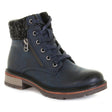 Navy ankle boot with burnished synthetic leather, outer decorative zipper, fleece lining, and sweater cuff. Lace-up and zip closure, waterproof and vegan. Style #T20642-N30