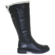 Tall riding-style boot in dark tan synthetic leather with wide calf fit, full side zipper, rugged rubber sole, and plush fabric collar for added warmth and comfort. Style #T23722-B20