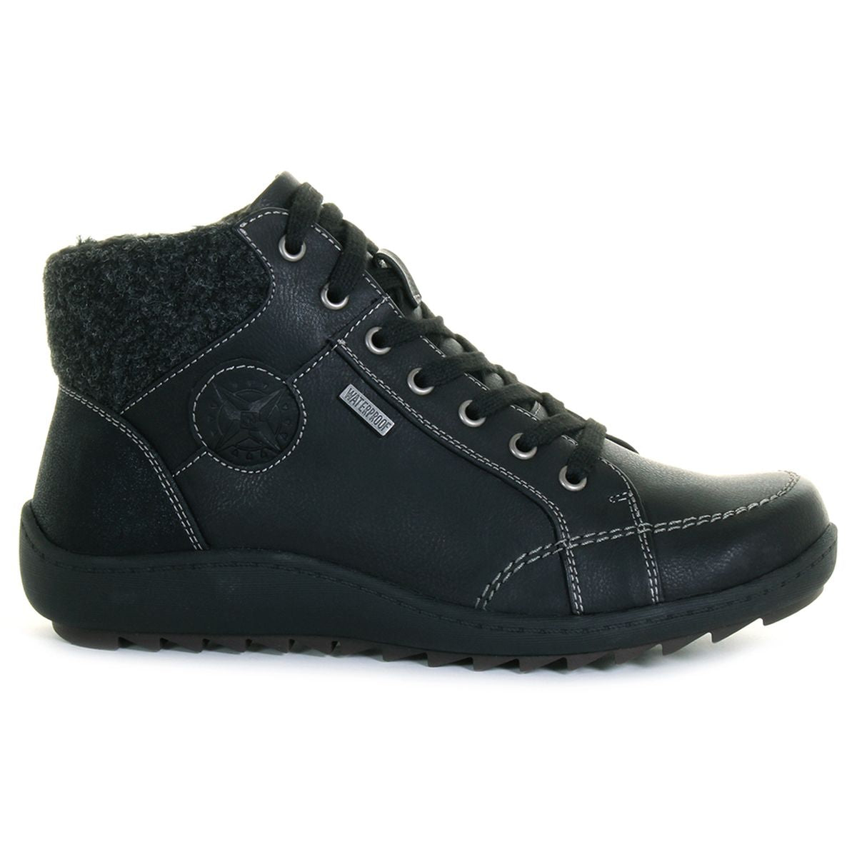 Black ankle boot with lace-up front and side zipper, warm grey felt collar, stitched detailing, and rugged sole for cold-weather traction and comfort. Style #T22732-B20