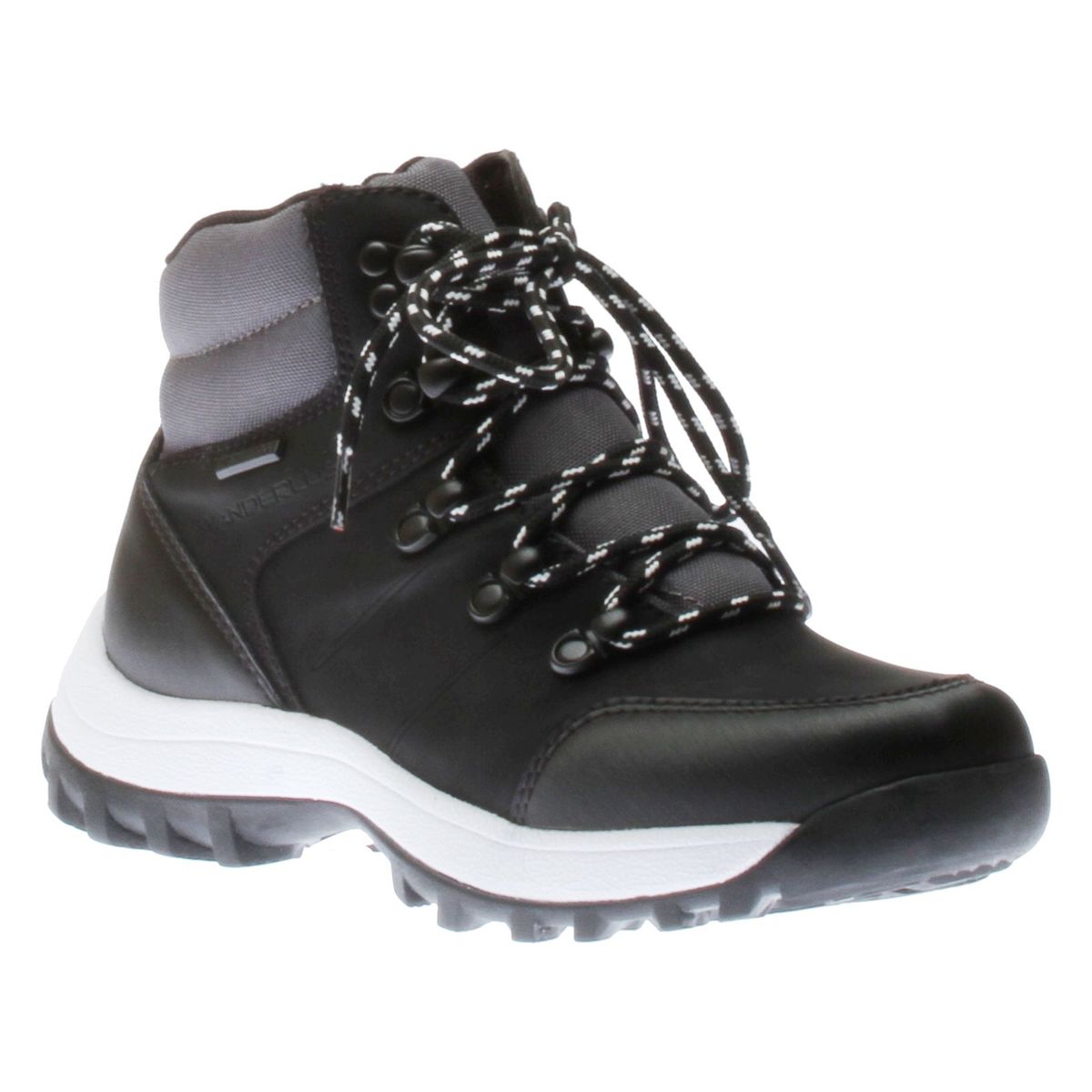 Black synthetic waterproof women's sneaker boot with grey padded collar, white midsole, lug sole, and black/white laces. Style # T21510-B4D