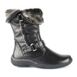 Black mid-calf winter boot with synthetic leather-look upper, warm faux fur collar, side zipper, and heavy tread sole for slip-resistant cold-weather use. Style #T17654