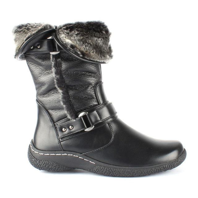 Black mid-calf winter boot with synthetic leather-look upper, warm faux fur collar, side zipper, and heavy tread sole for slip-resistant cold-weather use. Style #T17654