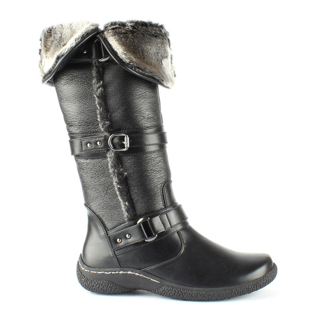 Tall black waterproof winter boot with synthetic upper, side zipper, soft fold-down faux fur collar, and rugged tread sole designed for snowy, icy conditions. Style #T17653WC